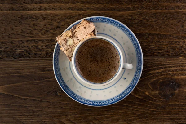 Traditional Turkish Coffee Turkish Delight Dark Wooden Background Flat Lay — Stock Photo, Image