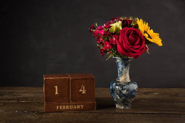 Mutlu Sevgililer Günü Vintage Ahşap Sonsuz Takvim Şubat Için Siyah — Stok fotoğraf