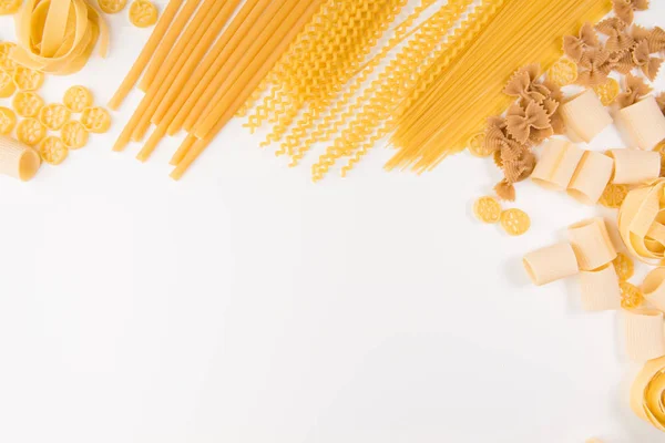 Overhead Photo Different Types Pasta Including Spaghetti Penne Fusilli Others — Stock Photo, Image