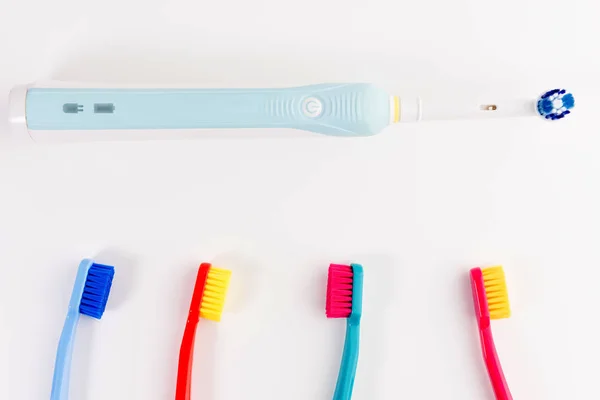 Red Blue Light Blue Pink Toothbrushes Taking Care Teeth Dental — Stock Photo, Image
