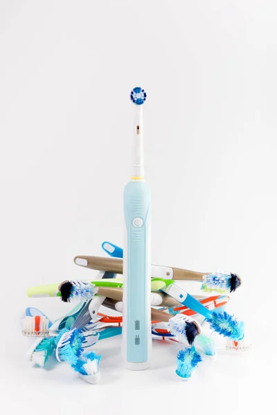 Manual Regular Toothbrush Modern Electric Toothbrush Isolated White Background Manual — Stock Photo, Image