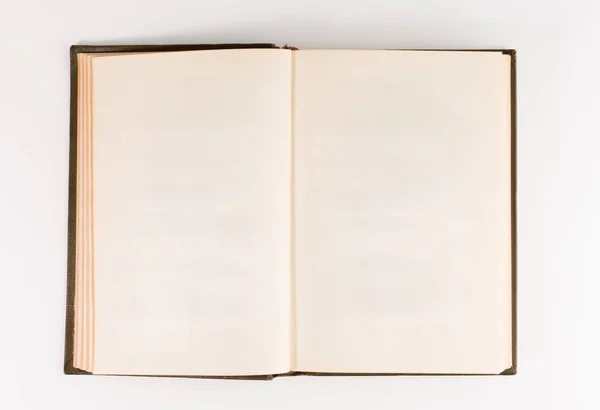 Boş açık kitap üst ön görünüm izole. Siyah kahverengi ciltli