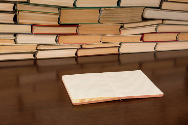 Blank notepad on the table with books background