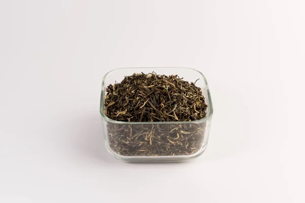 Zöld Tea Átlátszó Tálba Elszigetelt Fehér Background — Stock Fotó
