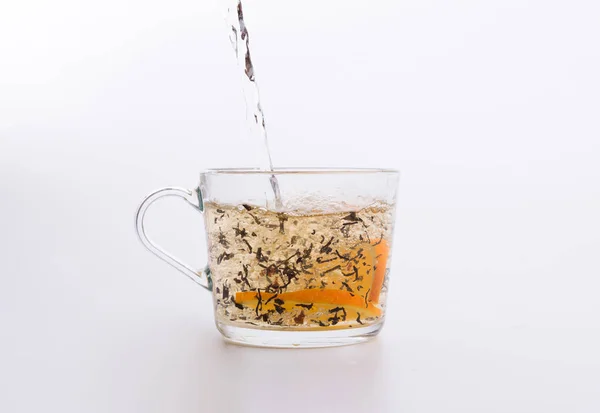 Black Tea Orange Pouring Glass Cup Isolated White — Stock Photo, Image