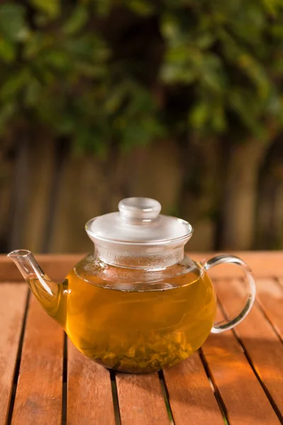 Teapot Green Tea Wooden Table Outdoors — Stock Photo, Image