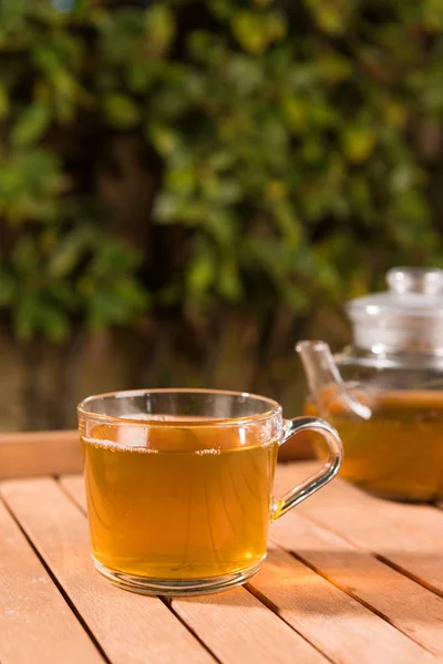 Tasty Herbal Tea Glass Teapot Table Summer Leisure — Stock Photo, Image