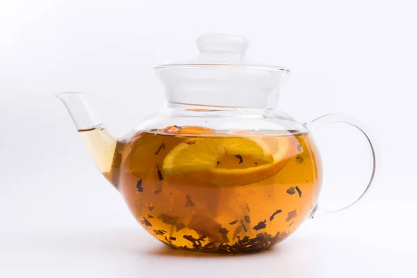 Glass Teapot Herbal Tea Nad Fresh Orange Isolated White Background — Stock Photo, Image