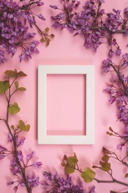 Çiçek kompozisyon. Mor çiçekler, yapraklar ve pastel pembe arka plan üzerinde fotoğraf çerçevelemek. Düz yatıyordu, en iyi görünüm, kopya alanı