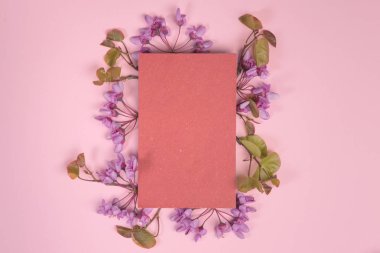 Çiçek kompozisyon. Kağıt çiçekler pastel mavi zemin üzerine boş, pembe. Düz yatıyordu, en iyi görünüm, kopya alanı