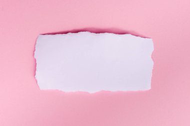 Pembe arka plan üzerinde beyaz yırtık kağıt bir parça 