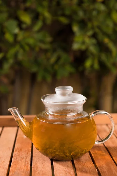 Tasty Herbal Tea Glass Teapot Table Summer Leisure — Stock Photo, Image