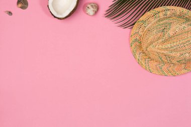 hat and palm leaf isolated  on a pink background, top view
