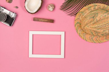 çerçeve, palmiye yaprağı, şapka, pembe bir arka plan üzerinde, üst görünüm