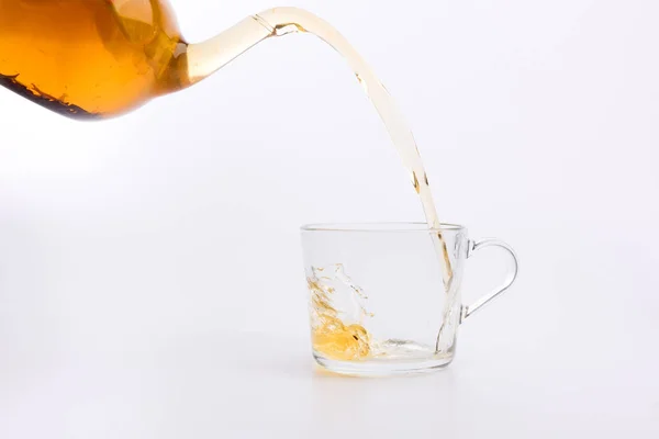 Green Tea Pouring Glass Cup Isolated White Background — Stock Photo, Image