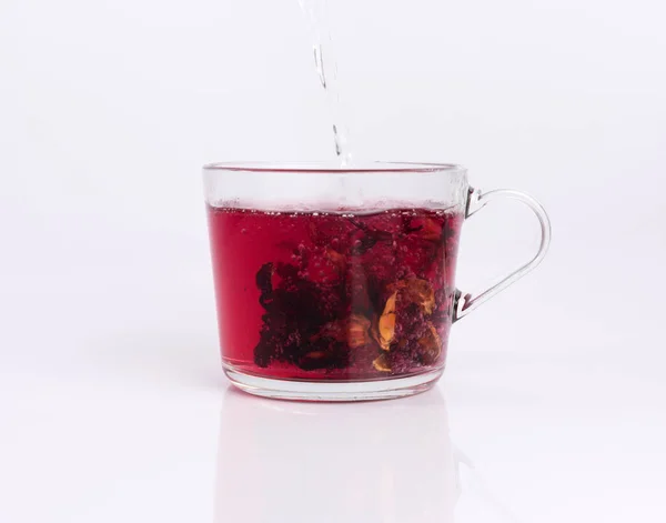 Pouring Hot Water Glass Cup Hibiscus Tea Isolated White Background — Stock Photo, Image