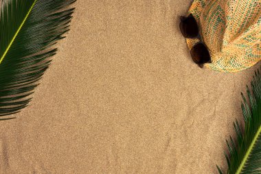 Plaj kum arka plan palmiye yaprakları üst görünümü. Düz yatıyordu. Seyahat konsepti, metin için boş alan