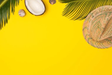 Yaz tatili konsepti. sarı arka plan üzerinde şık şapka, hindistan cevizi, deniz kabukları ve yeşil palmiye yaprakları, düz yatıyordu. metin için alan.
