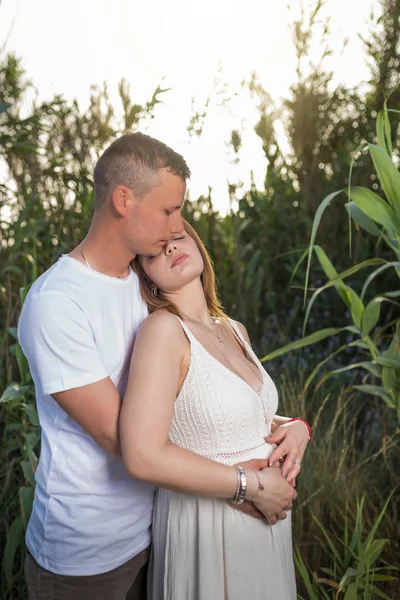 Familia Juntos Parque Verano Mujer Está Embarazada —  Fotos de Stock