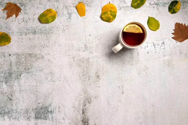 Чашка Гарячого Чаю Прикрашена Жовтим Осіннім Листям Фоні Сірої Текстури — стокове фото