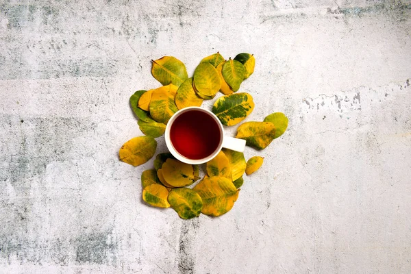 Xícara Chá Quente Decorado Por Folhas Outono Amarelas Sobre Fundo — Fotografia de Stock