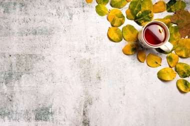 Sarı sonbahar yaprakları ile süslenmiş sıcak çay Fincan gri doku arka plan üzerinde bırakır. Düz yatıyordu