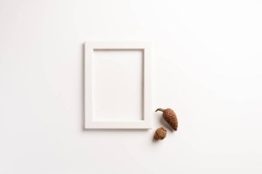 Fotoğraf çerçevesi, beyaz arka plan üzerinde izole. Düz döşeme, üst görünüm, kopyalama alanı.
