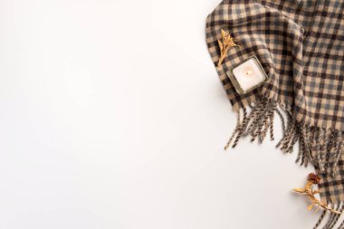 Sonbahar ev rahat kompozisyon. Kuru çiçekler ve eşarp, beyaz arka plan üzerinde. Düz yatıyordu.