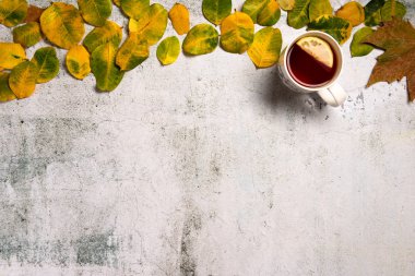 Sarı sonbahar yaprakları ile süslenmiş sıcak çay Fincan gri doku arka plan üzerinde bırakır. Düz yatıyordu