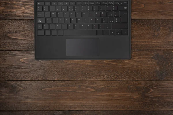 Old Wood Office Desk Laptop Top View Copy Space Working — Stock Photo, Image
