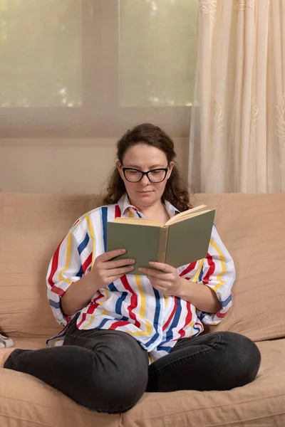 Calm Satisfied Caucasian Woman Relaxing Comfortable Couch Alone Holding Paper — Stock Photo, Image