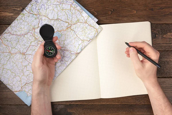 Travel Planning Concept Hand Writing Blank Notepad Compass Map Wooden — Stock Photo, Image