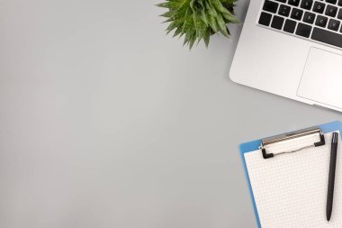 Üst kattaki ofis masasında yatıyordu. Bilgisayarı, not defteri ve ev bitkisi olan bir doktorun çalışma alanı. Gri arkaplan.