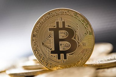 Bitcoin altın sikke ufuk arka plan üzerinde. Cryptocurrency kavramı. 