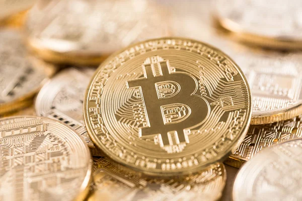Bitcoin Золоті Монети Крупним Планом Постріл Концепція Cryptocurrency — стокове фото