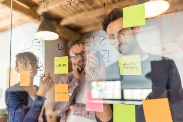 Jeunes Gens Affaires Par Mur Verre Avec Des Notes Autocollantes — Photo