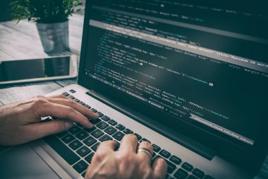 Erkek ekran internet sayfası kodu içeren dizüstü klavye üzerinde eller