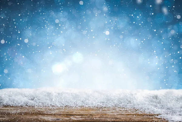 Nieve Fondo Luz Piso Frío Vacío Azul Madera Espacio Blanco —  Fotos de Stock