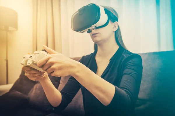 Woman Wearing Virtual Reality Headset Joystick — Stock Photo, Image
