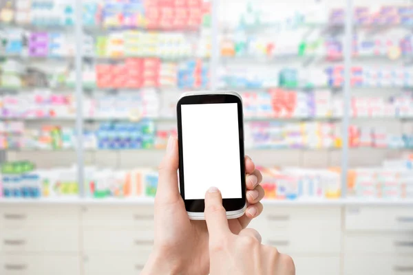 Schermo Telefono Farmacia Smart Mano Bianco Mobile Sfondo Bianco Negozio — Foto Stock