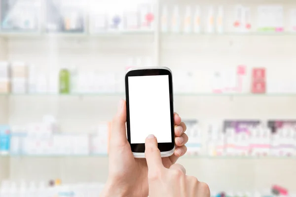 Schermo Telefono Farmacia Smart Mano Bianco Mobile Sfondo Bianco Negozio — Foto Stock