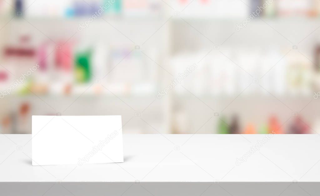 counter blank background white store medical table pharmacy business shelf blurred drug shop drugstore medication card concept - stock image