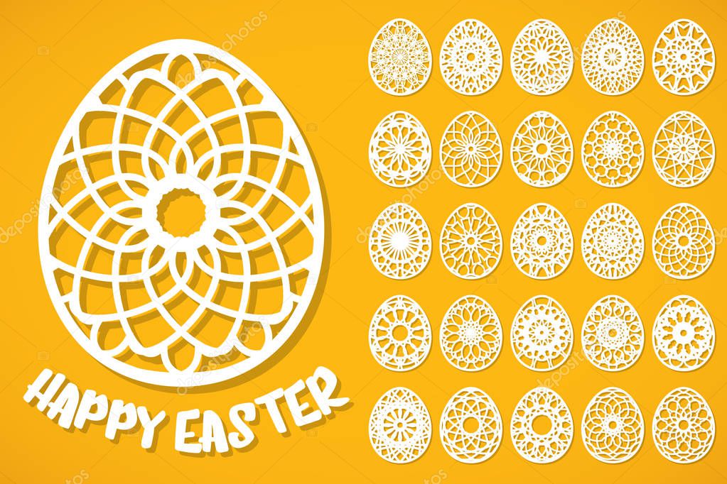 Happy Easter eggs set in paper art style on yellow background. Templates for laser cutting. Vector illustration