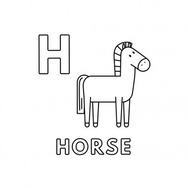 Vektör Sevimli Karikatür Hayvanlar Alfabesi. At Boyama Sayfaları