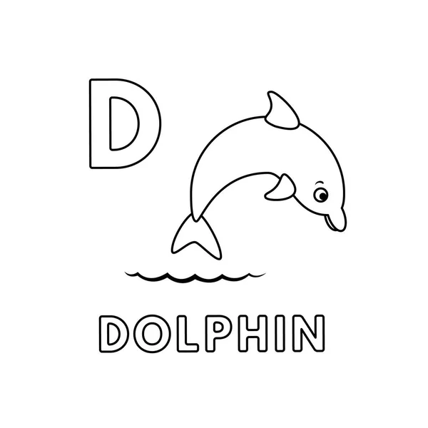 Alphabet Animaux de bande dessinée vectoriel mignon. Coloriages de dauphins — Image vectorielle