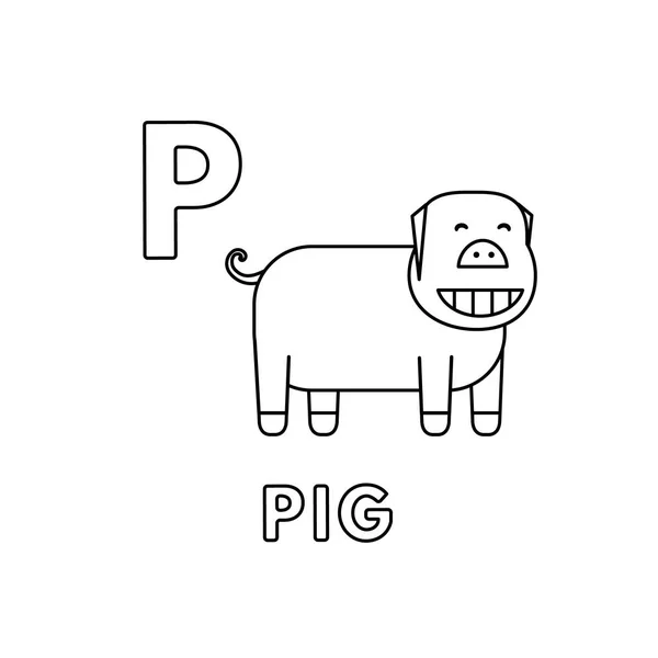 Vector Cute Cartoon Animals Alphabet. Pig Coloring Pages — Stock Vector