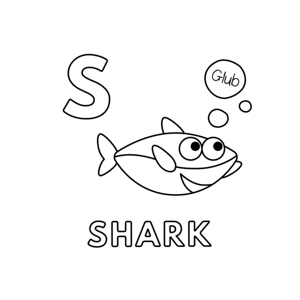 Alphabet Animaux de bande dessinée vectoriel mignon. Pages à colorier requin — Image vectorielle