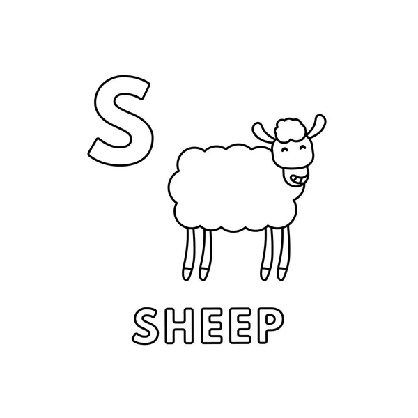 Alfabeto bonito dos animais dos desenhos animados do vetor. Páginas para colorir ovelhas — Vetor de Stock
