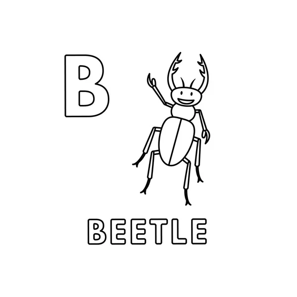 Vector Cute Cartoon Animals Alphabet. Beetle Coloring Pages — Stock Vector