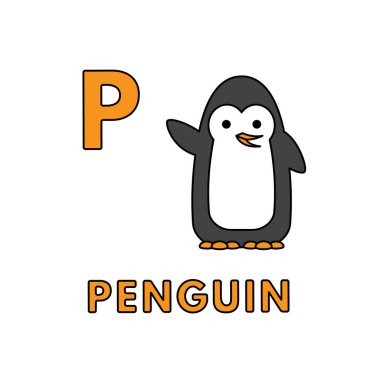 Vektör Sevimli Karikatür Hayvanlar Alfabesi. Penguen İllüstrasyon